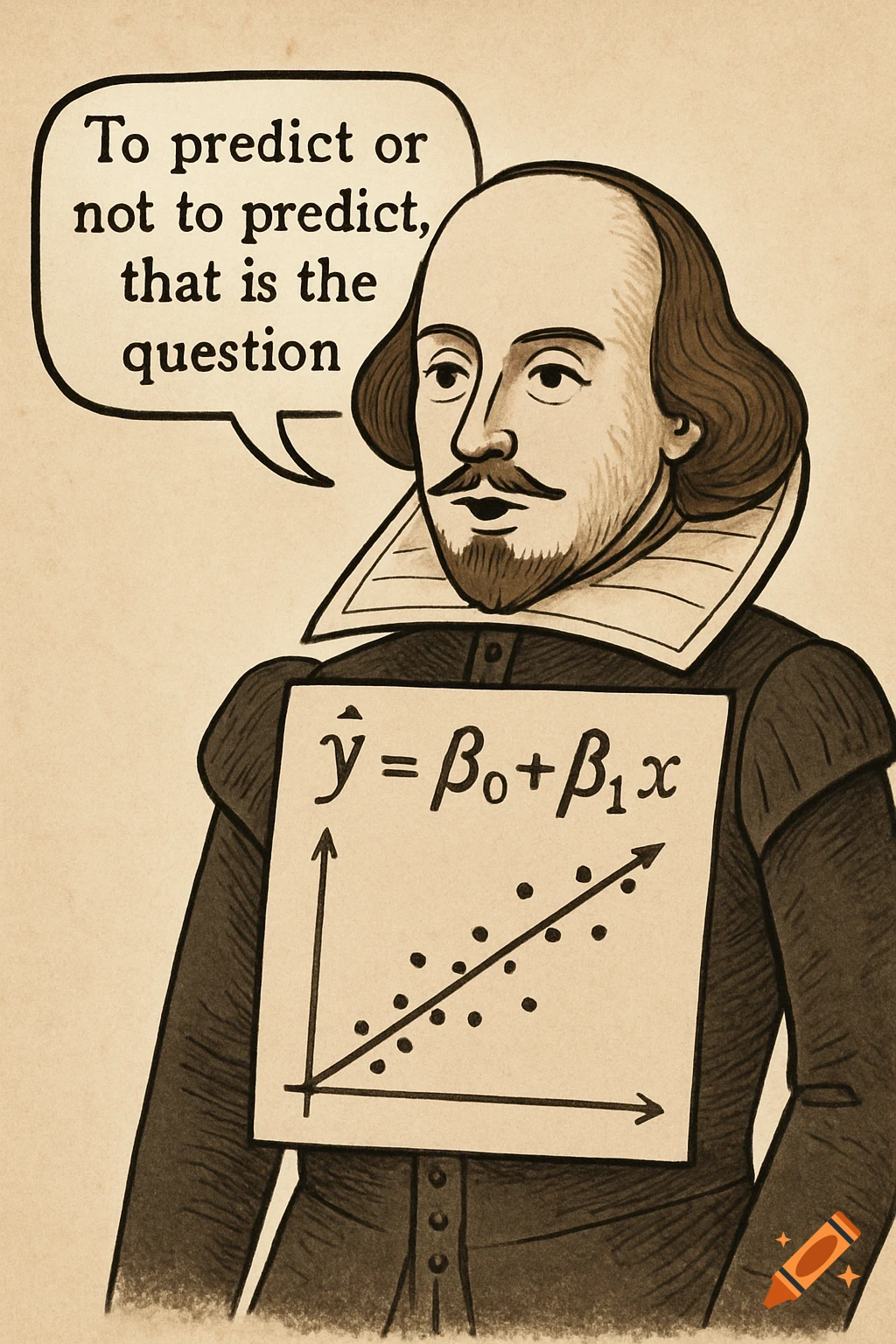 Cartoon of Shakespeare holding a linear regression chart saying 'To ...