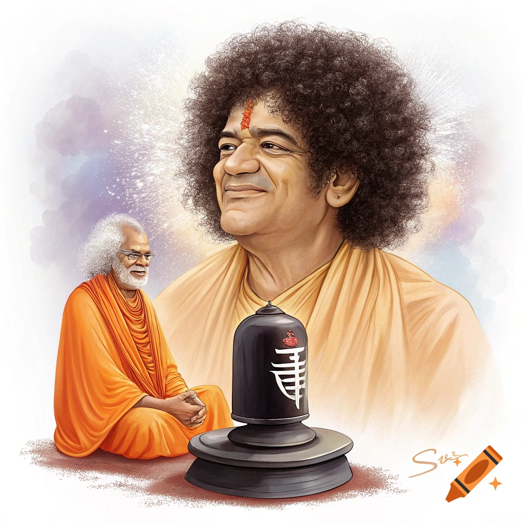 Illustration of Sathya Sai and Shirdi Sai Baba with a Shiva Lingam.