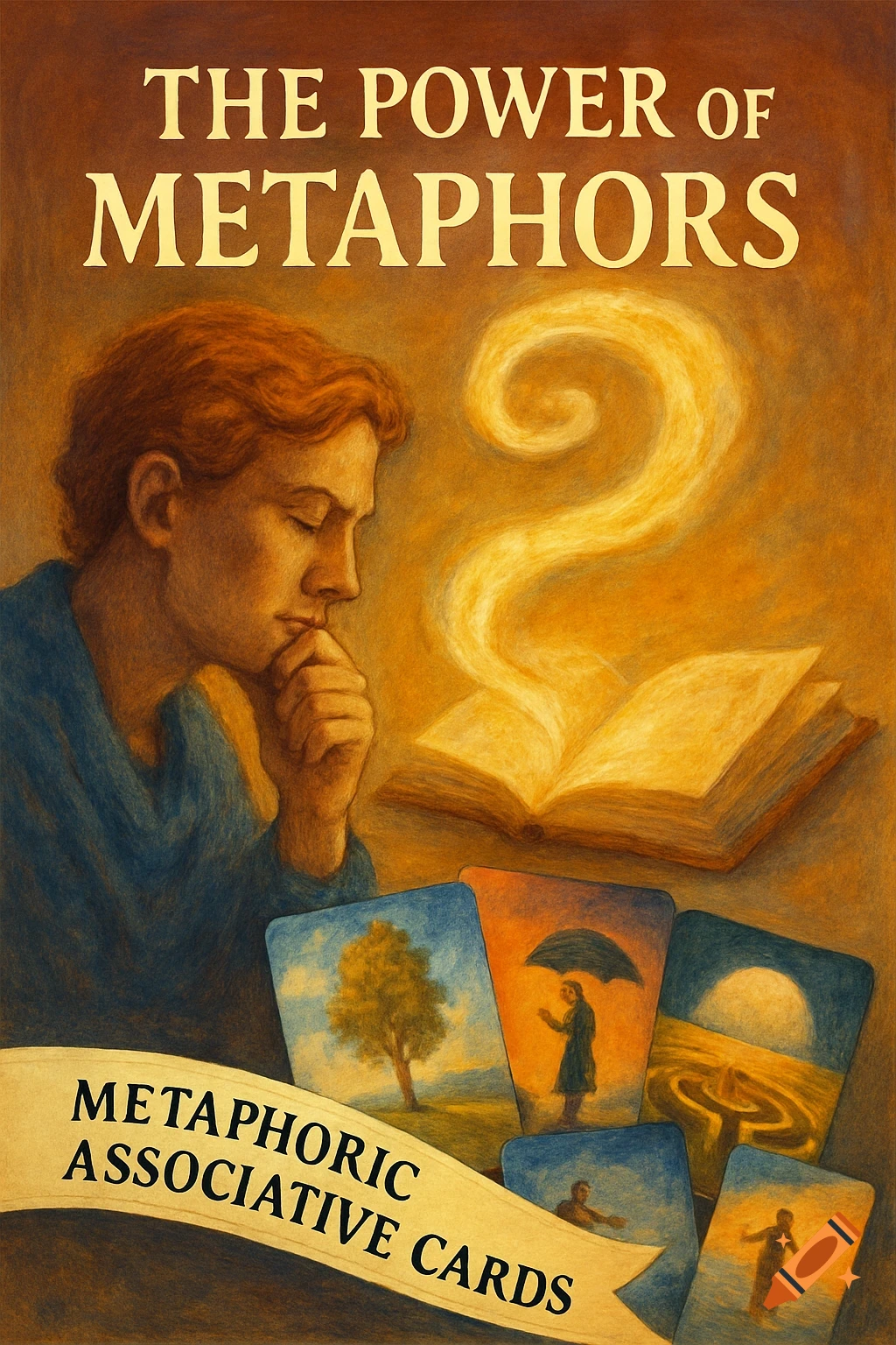 Illustration of a person looking at cards next to a book, with text about metaphors.