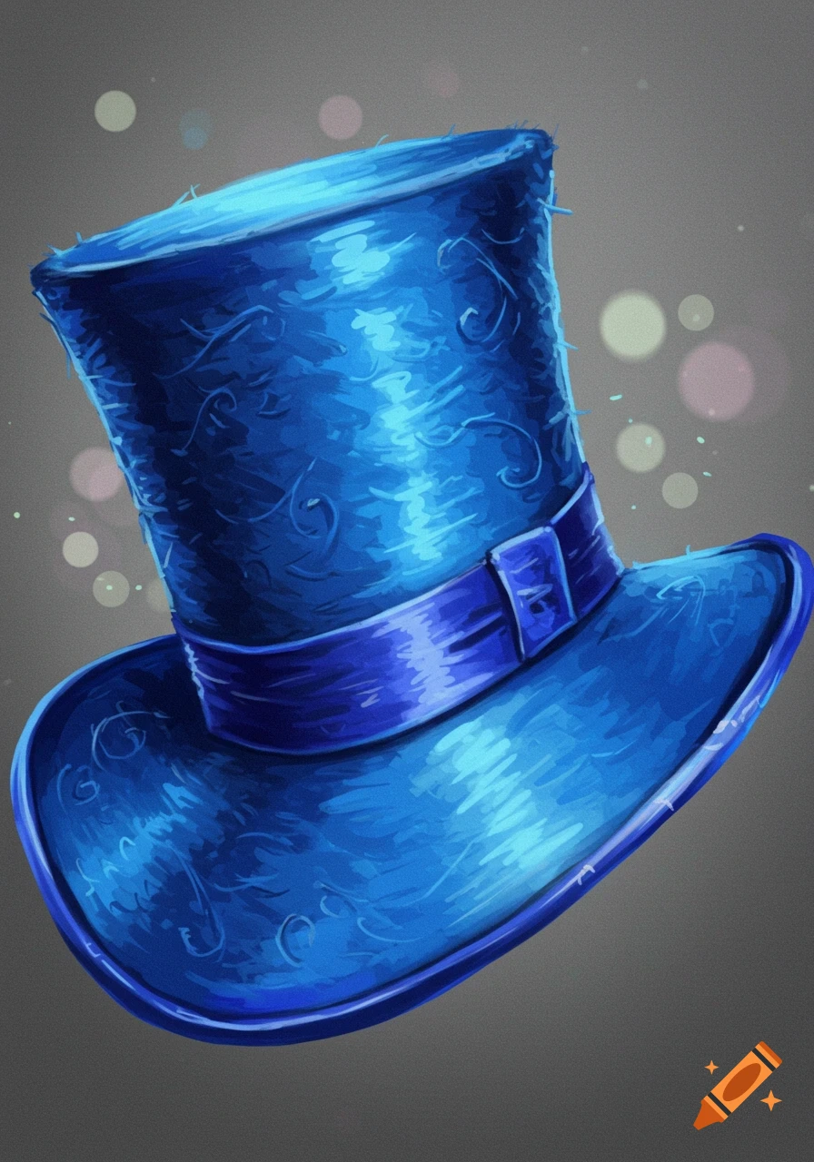 A blue top hat with decorative patterns, rendered in an illustrative style.