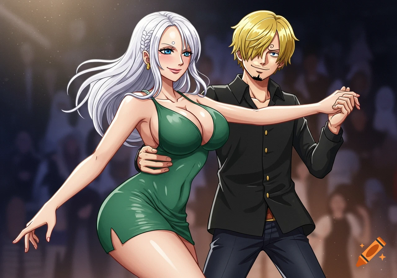 Anime characters, a woman with white hair in a green dress and a man with blond hair in a black shirt, dance together.