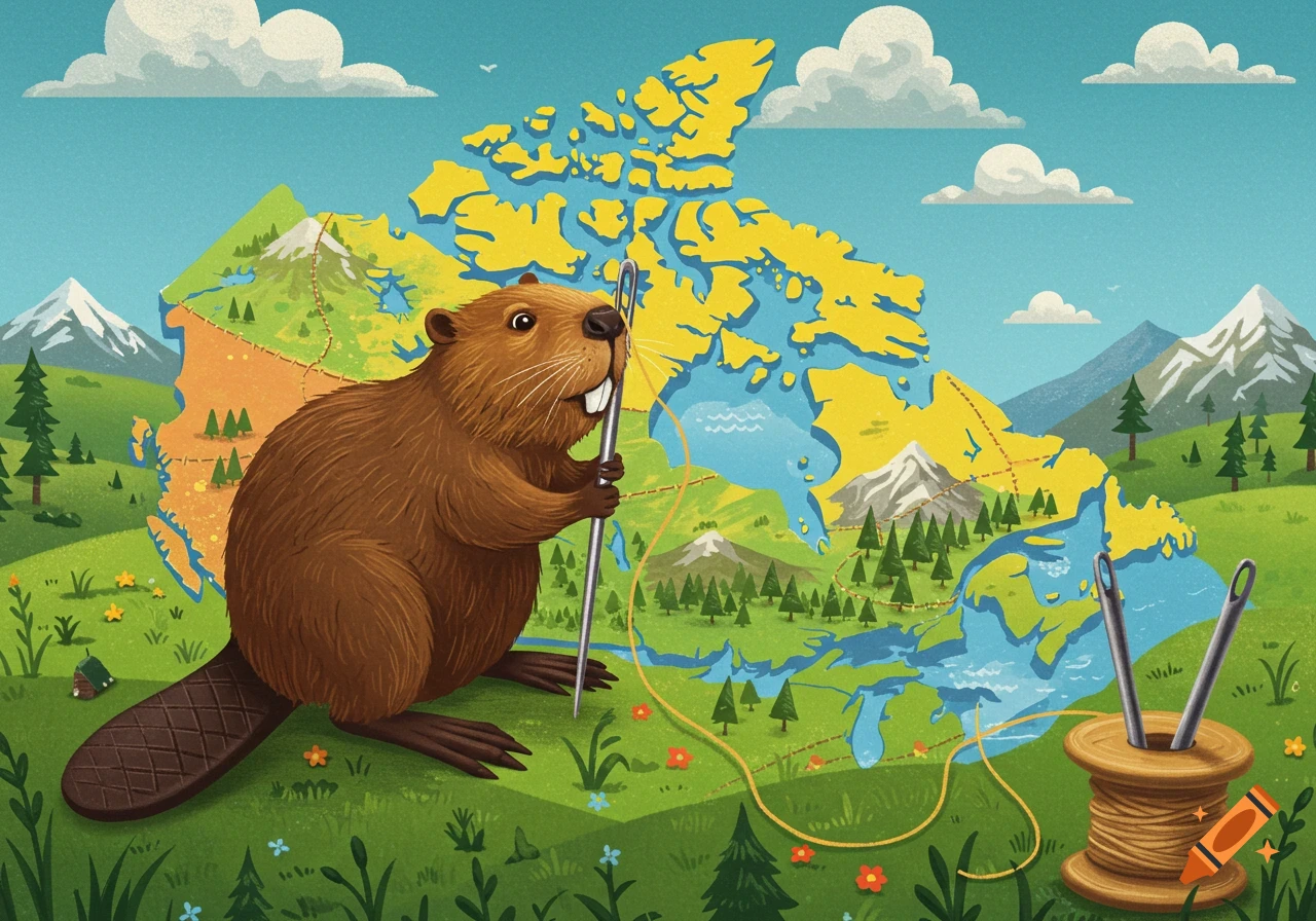 Illustration of a beaver stitching a map of Canada together with needle and thread in a scenic landscape.