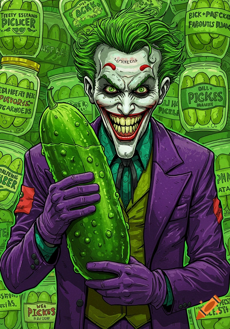 Illustration of the Joker character holding a large pickle in front of shelves filled with pickle jars.