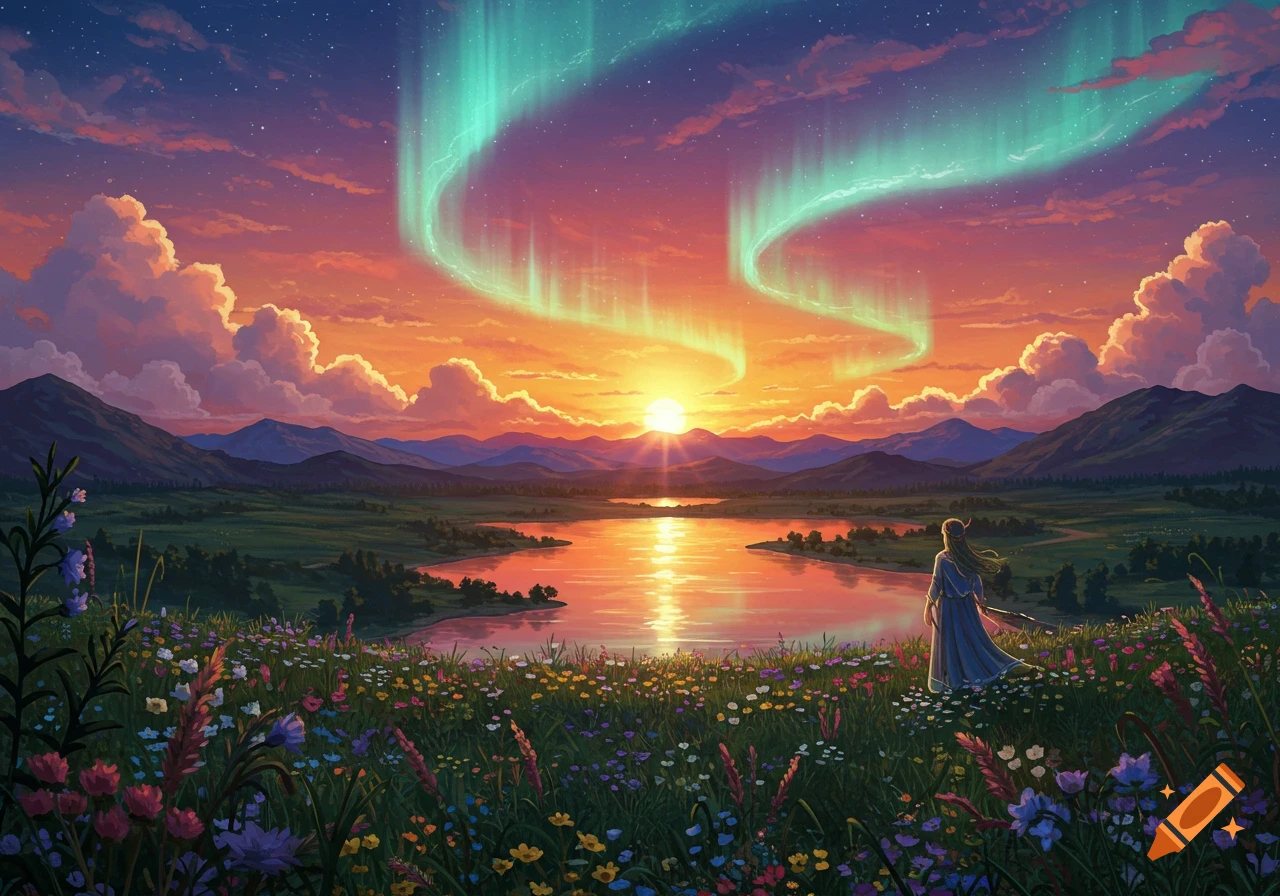 Digital painting of a person watching the aurora borealis over a lake at sunset, surrounded by wildflowers.