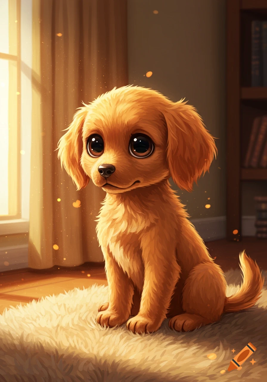 Cute golden puppy sitting on a rug near a window, digital art.