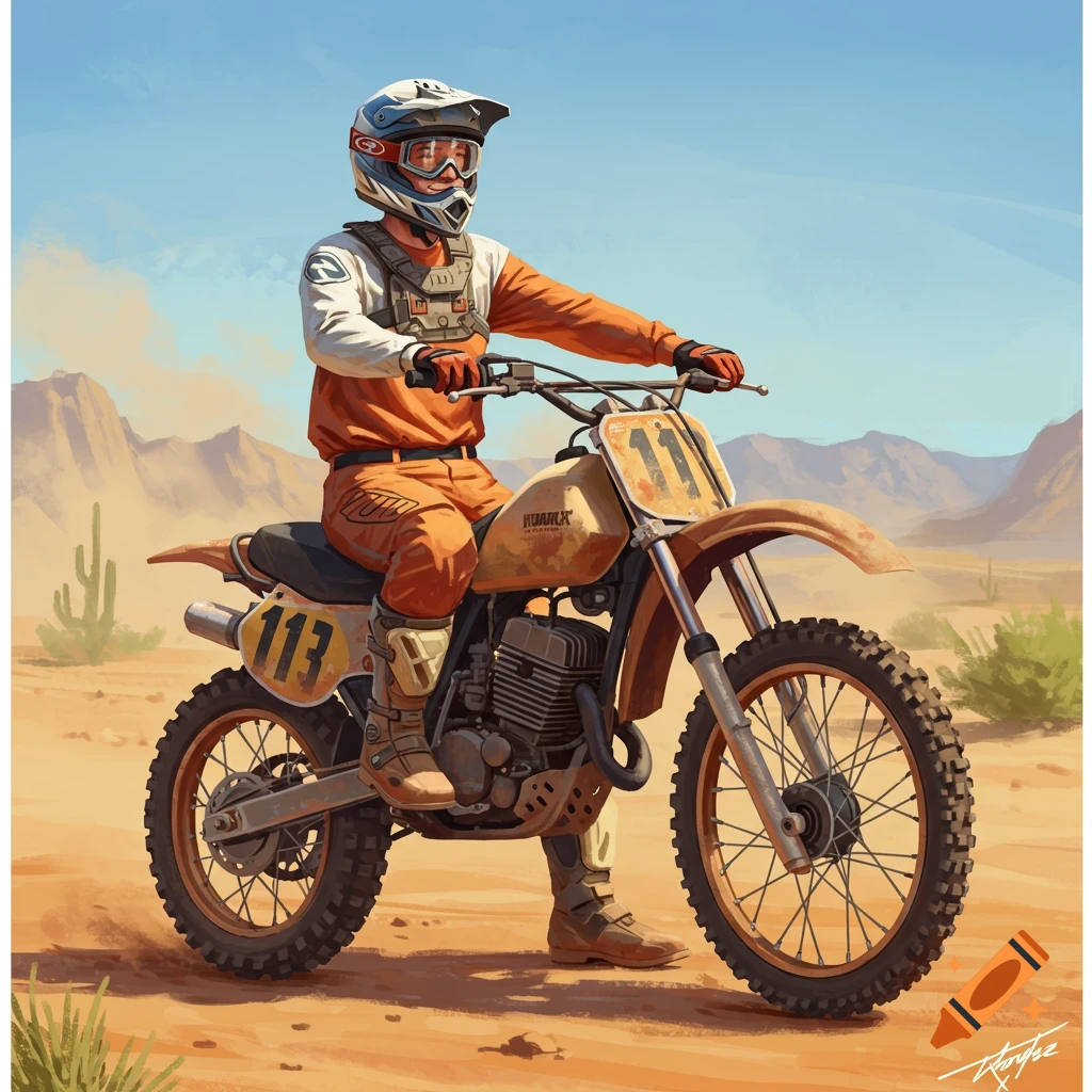 A person in motocross gear sits on a dirt bike in a desert landscape with mountains in the background.