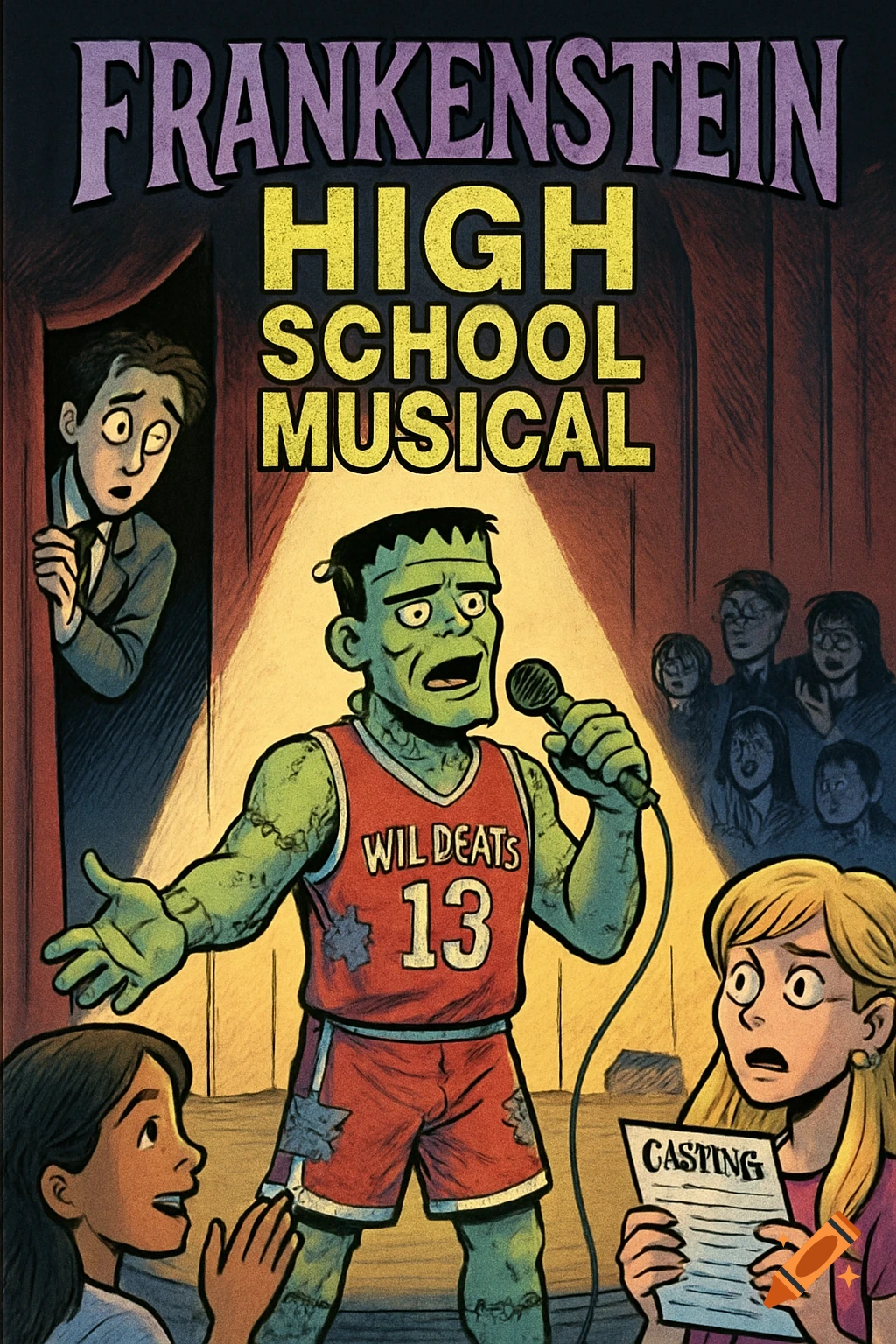 Cartoon poster for Frankenstein High School Musical, showing the Creature singing on stage in a basketball jersey.