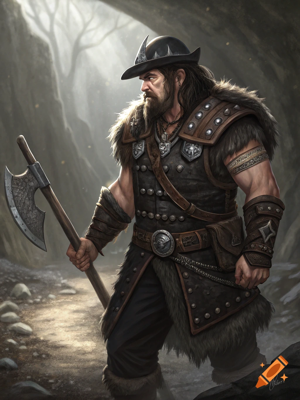 Rugged fantasy barbarian in armor with axe on a rocky path.