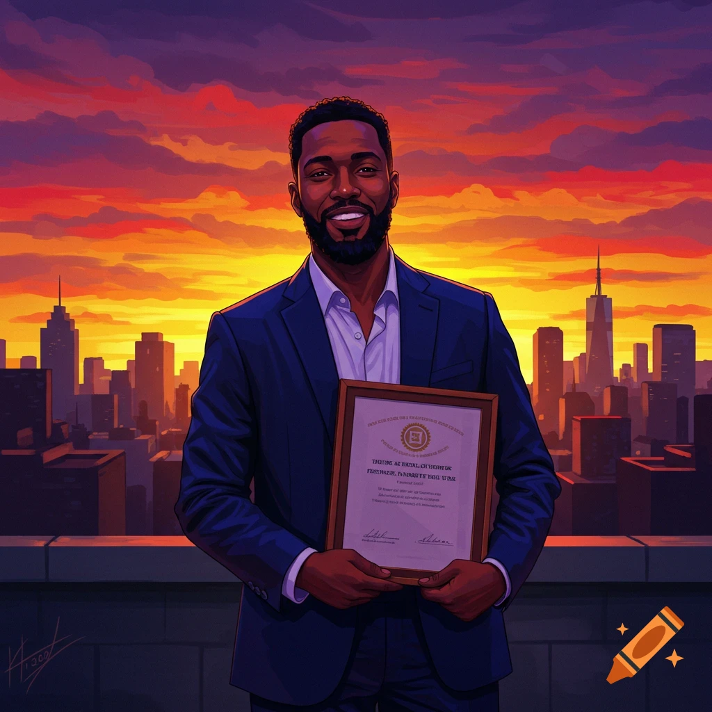 Man in a suit holding a certificate with a city skyline and sunset background.