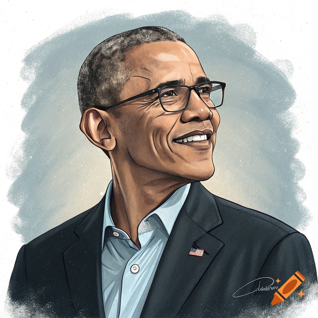 Illustration of Barack Obama smiling, wearing glasses and a suit.