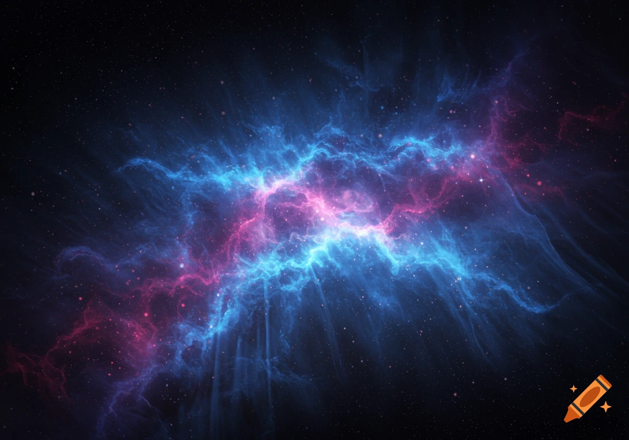 A swirling nebula of blue and pink gases and stars in deep space.