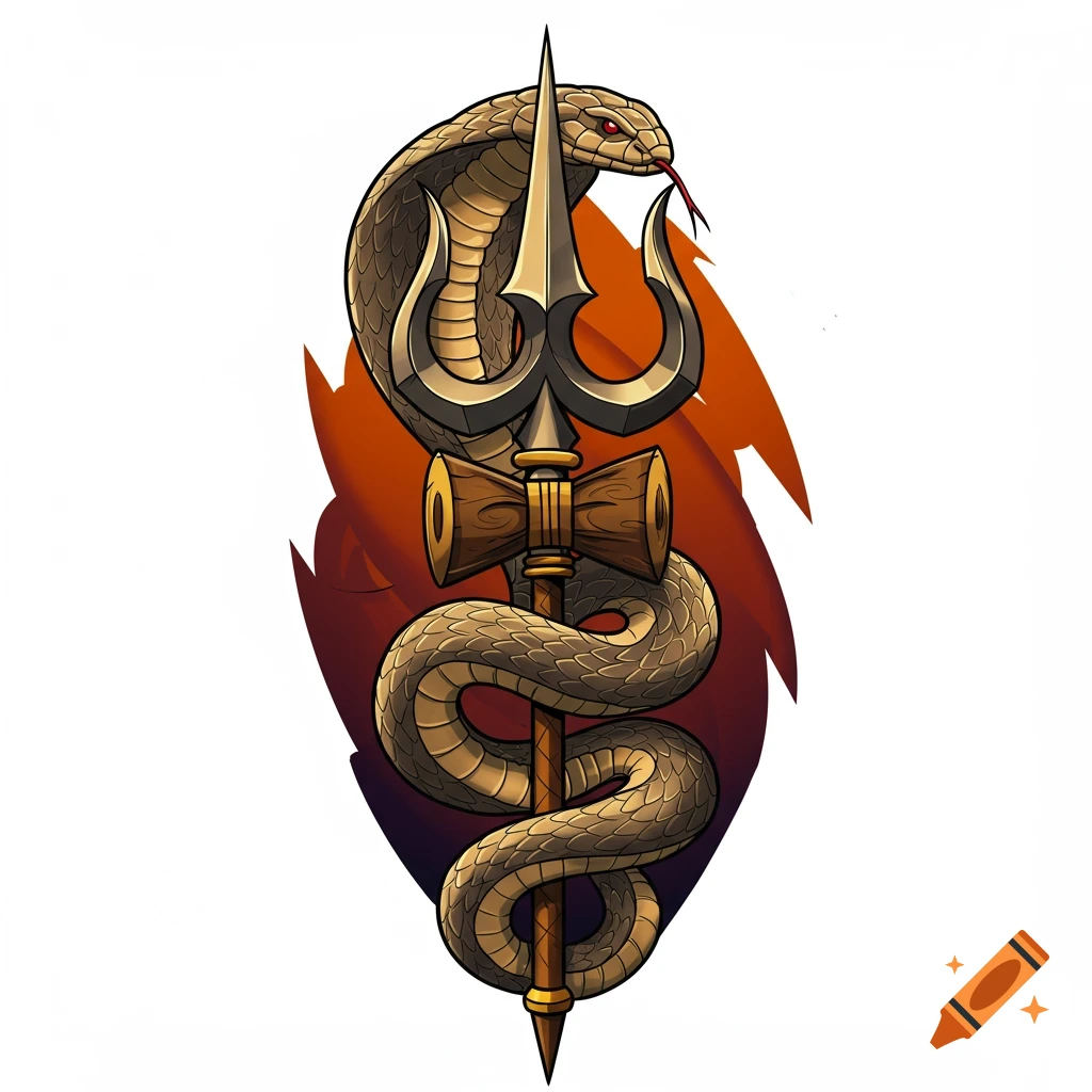 Illustration of a Trishula wrapped with a cobra.