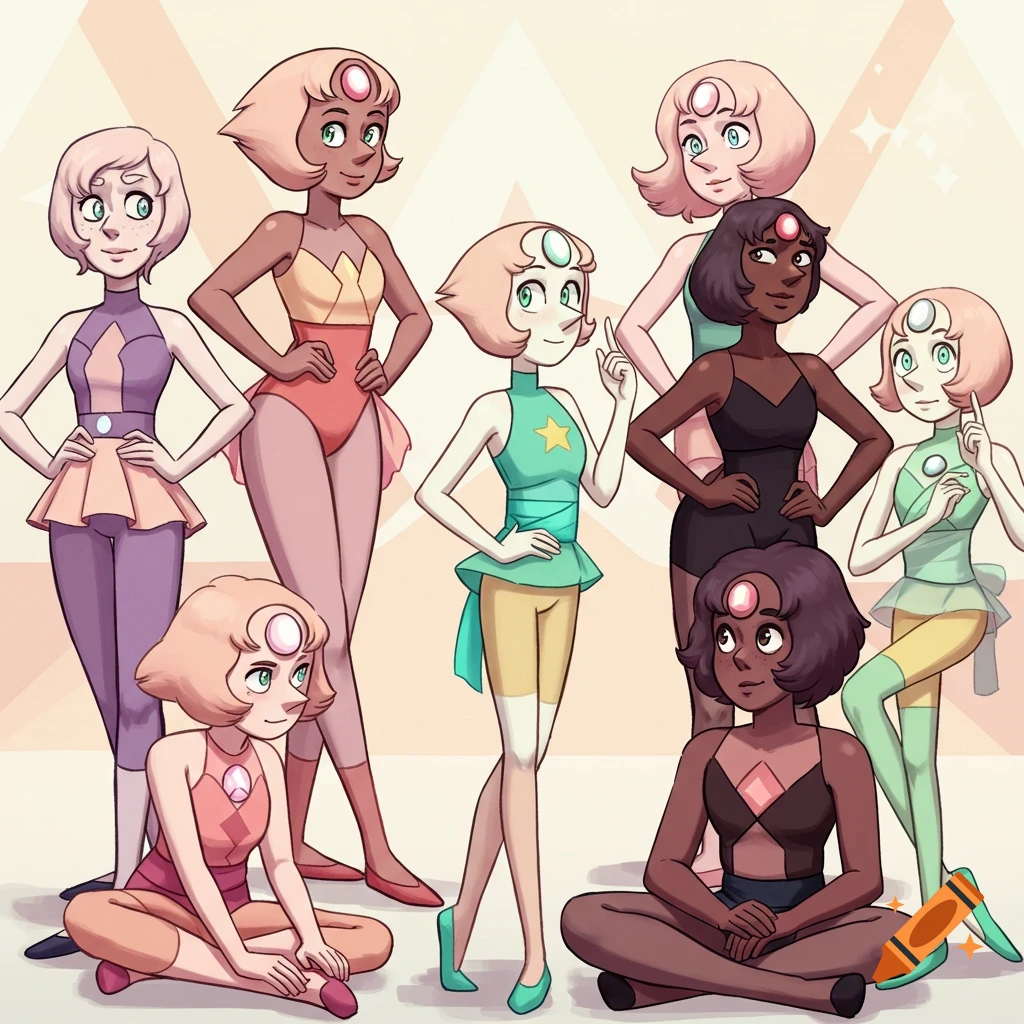 Cartoon drawing of multiple variations of the Steven Universe character Pearl in different outfits.