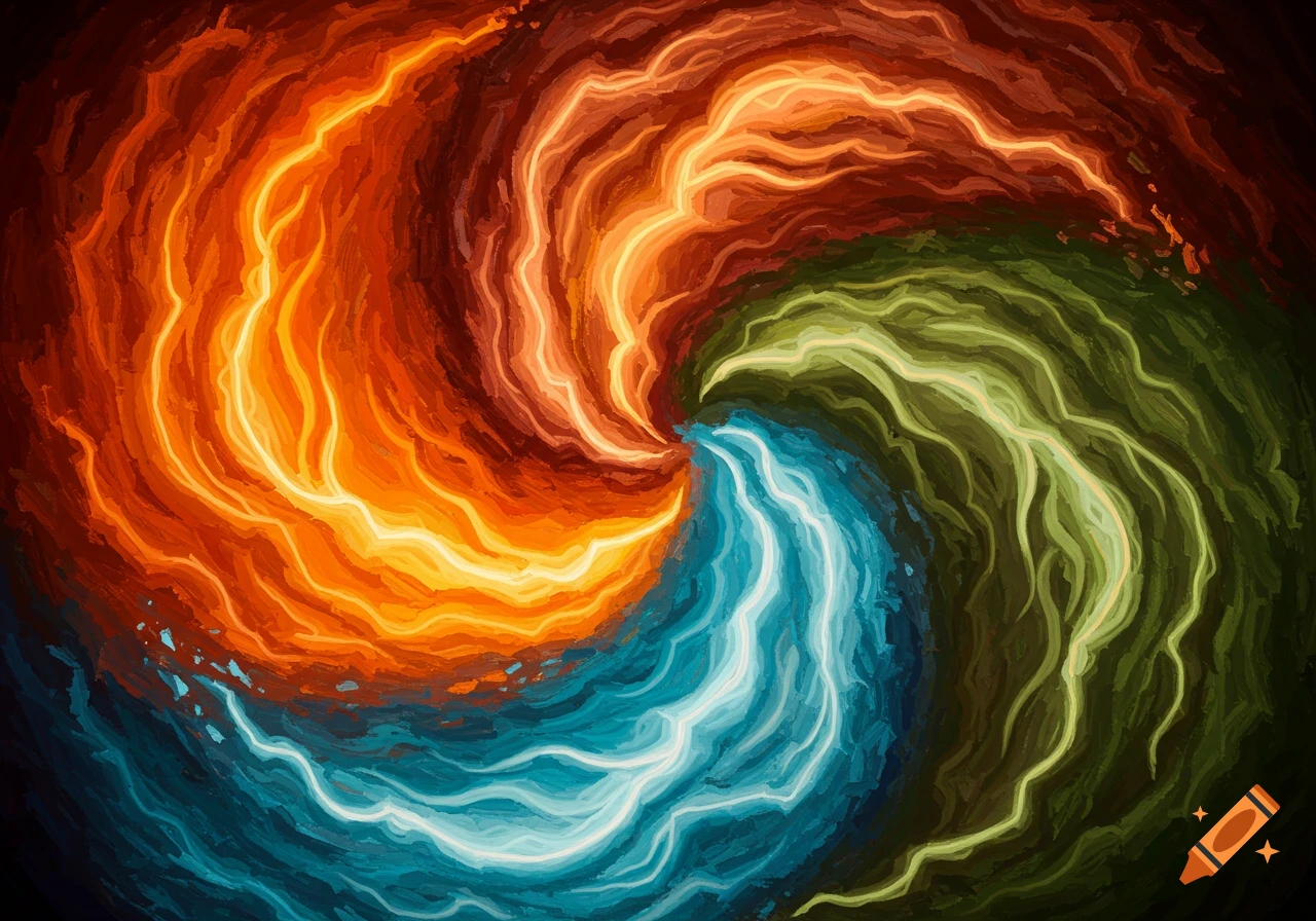 Abstract swirl of fire, water, and earth colors in a painterly style.
