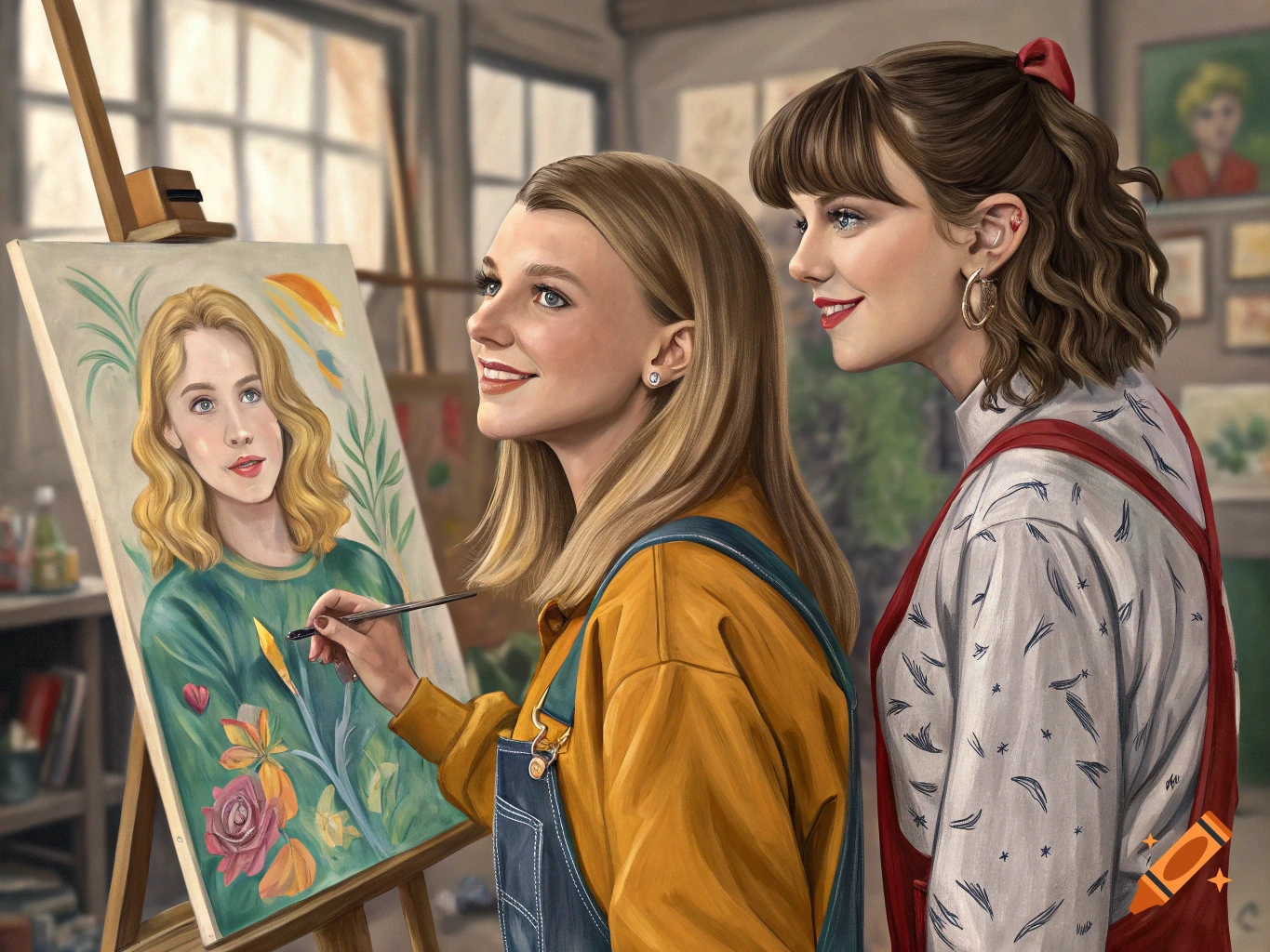 Two women painting a portrait on an easel in an art studio.