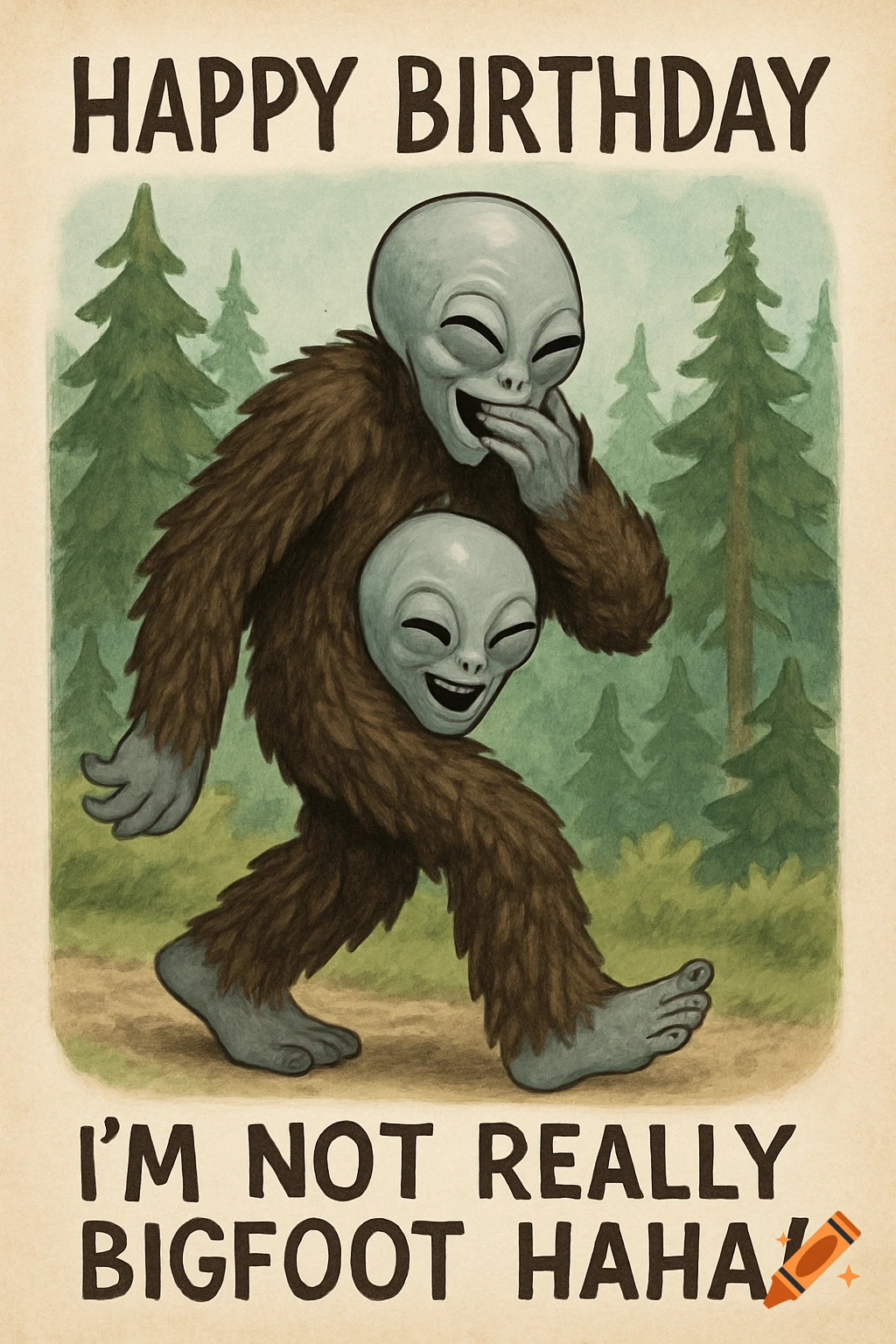 Illustration of a grey alien in a Bigfoot costume walking in the forest. Text says Happy Birthday I'm not really Bigfoot haha!