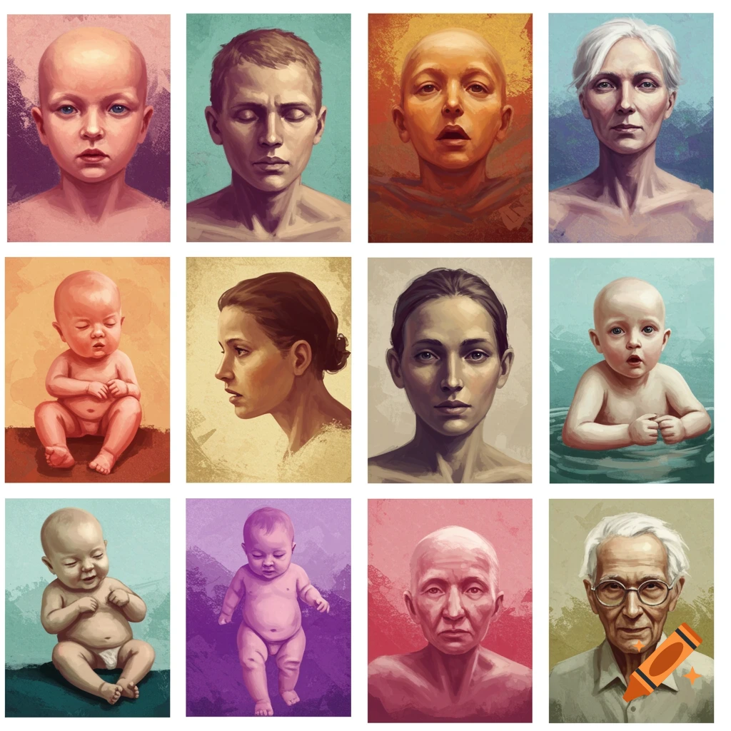 Grid of artistic portraits showing different ages: baby, child, adult, elderly.