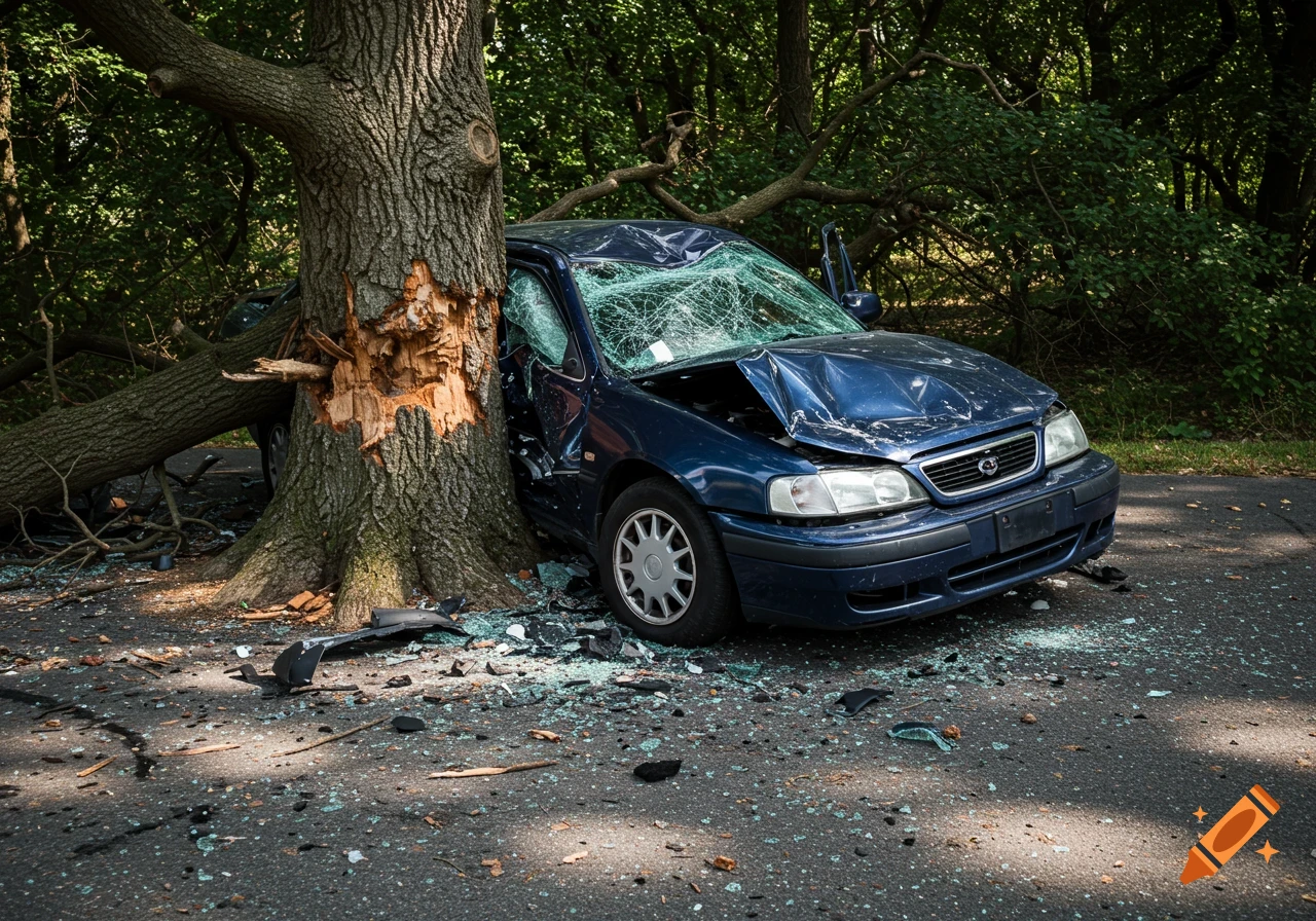 A hyper-realistic image of a totaled blue car crashed into a large tree, with debris scattered on the road.