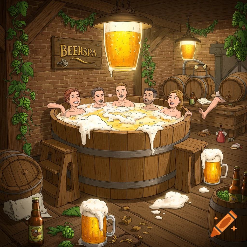Illustration of people relaxing in a wooden tub filled with frothy beer in a 'Beer Spa' setting with barrels and hops.