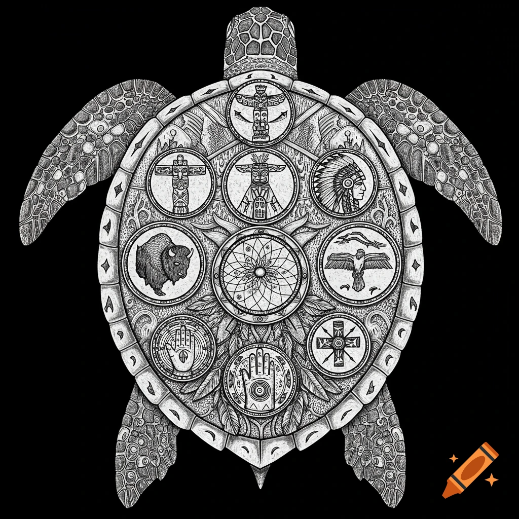 Black and white line art of a sea turtle with Native American symbols on its shell.