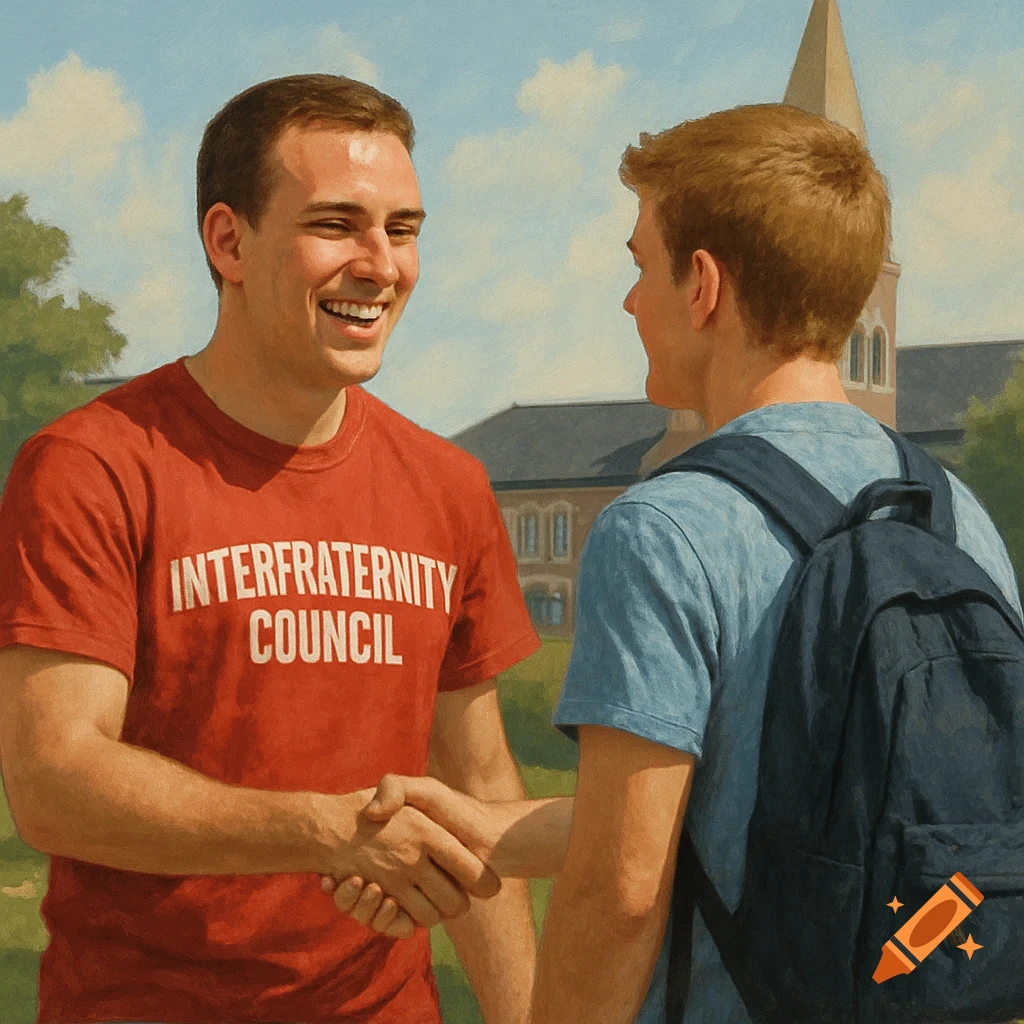 Two college men shake hands on campus, one wearing an 'Interfraternity Council' shirt.