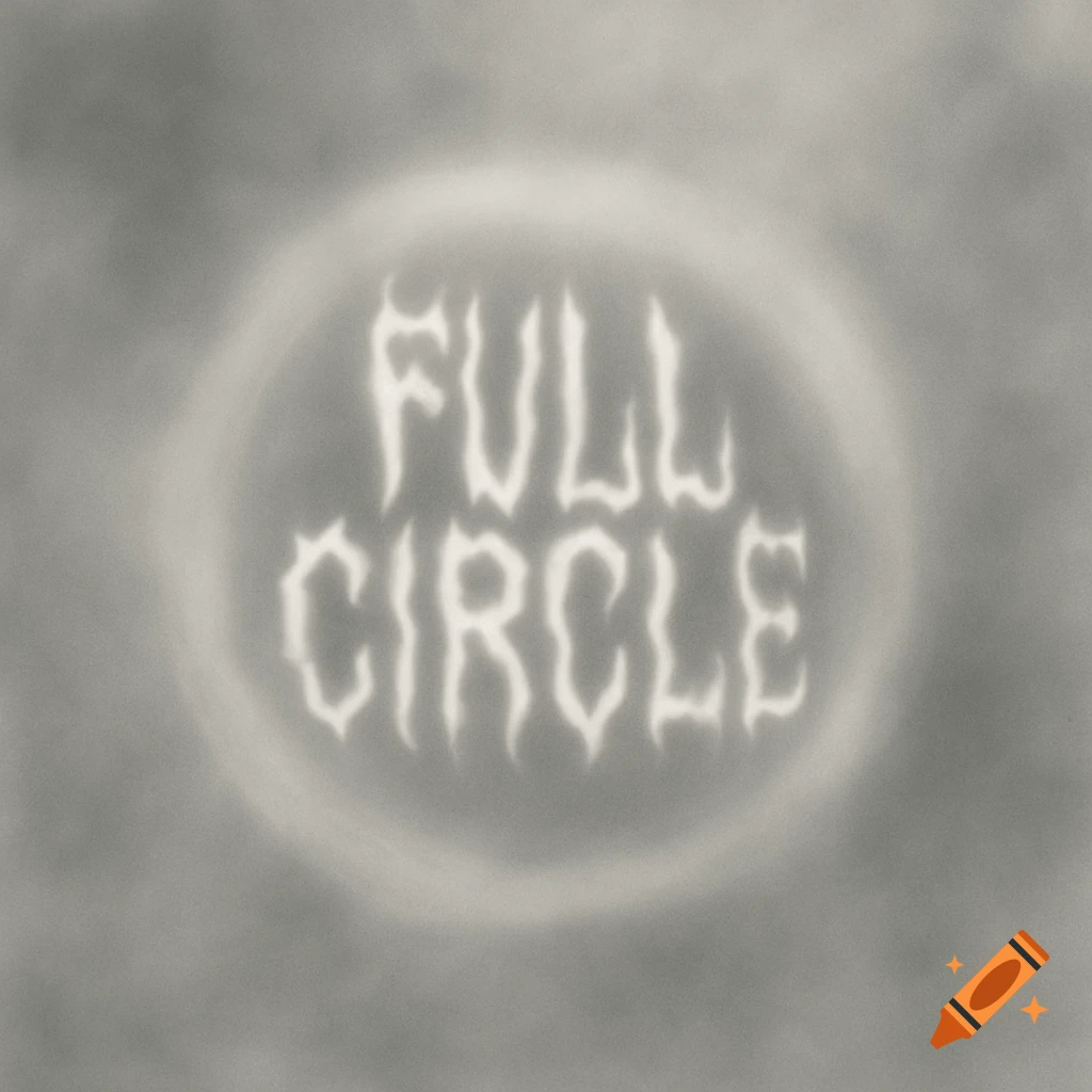 Distorted white text 'FULL CIRCLE' inside a light circle on a blurry gray background.