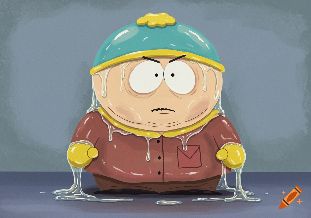 Cartman covered in a clear gooey substance
