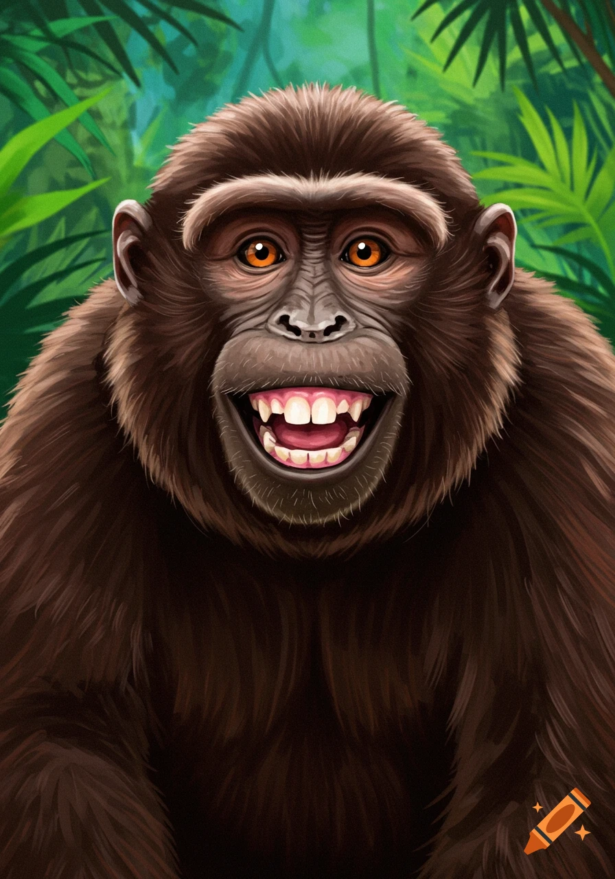 Close-up digital painting of a brown monkey smiling widely in a jungle.