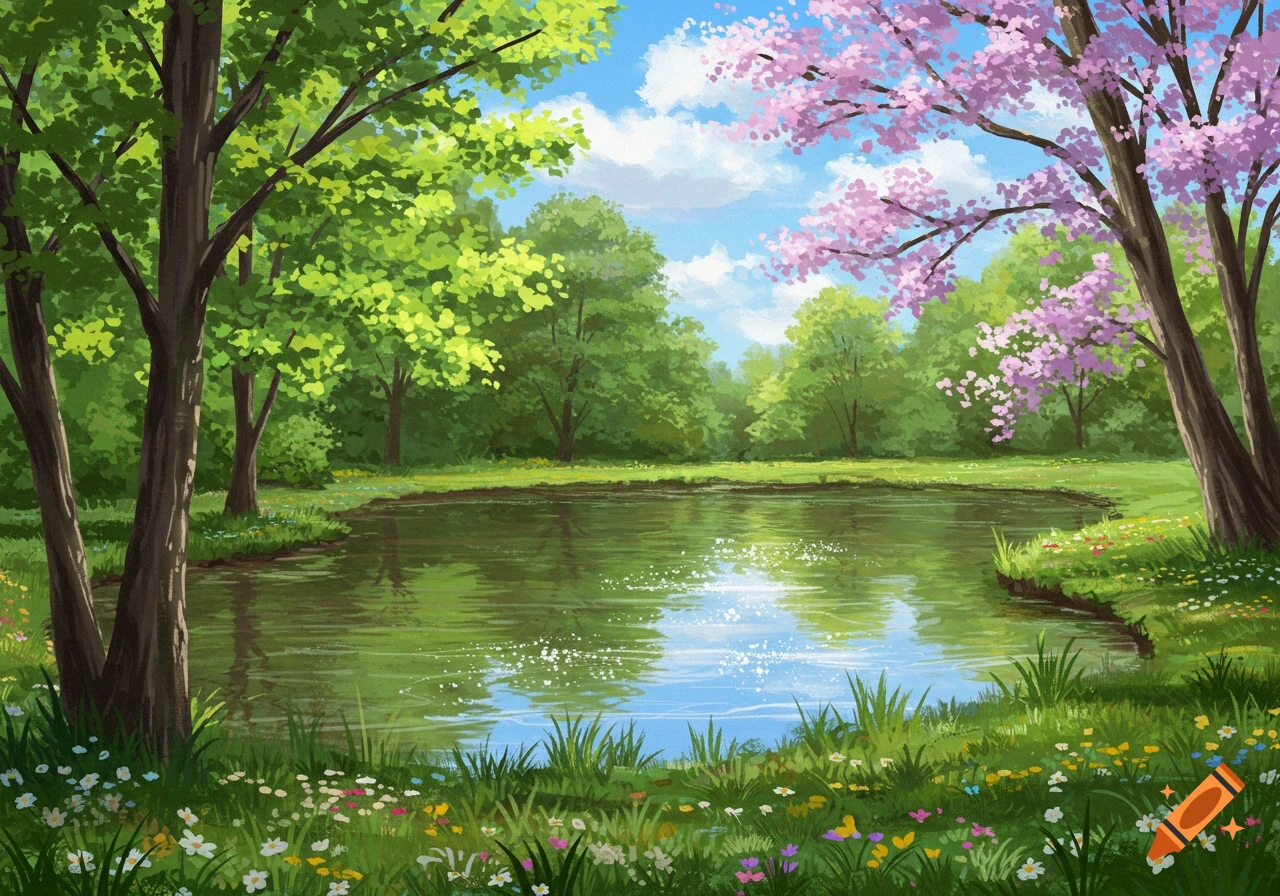 A spring landscape painting of a pond surrounded by green trees and a blooming cherry blossom tree, with wildflowers in the foreground.