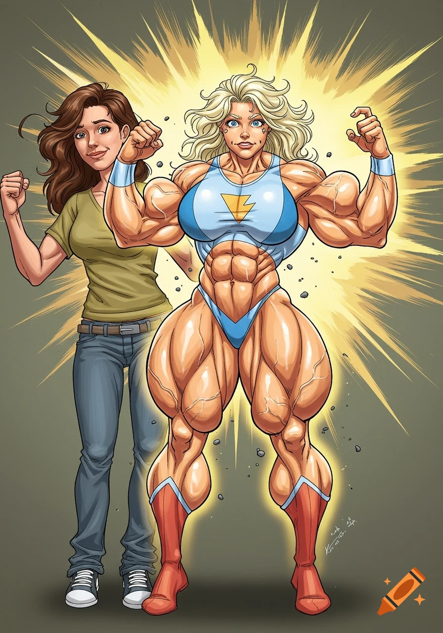 A normal woman transforms into a highly muscular blonde superheroine in a comic art style.
