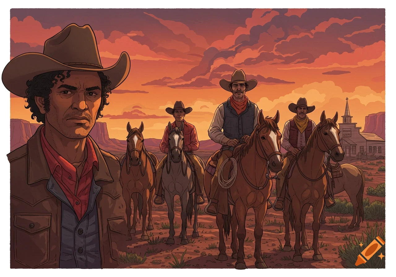 Illustration of cowboys on horseback in a western town at sunset.