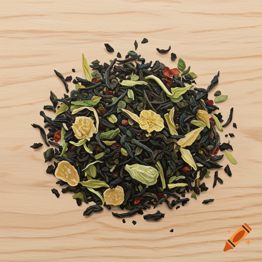 A pile of loose leaf tea blend with dried fruits and spices on a wooden surface.