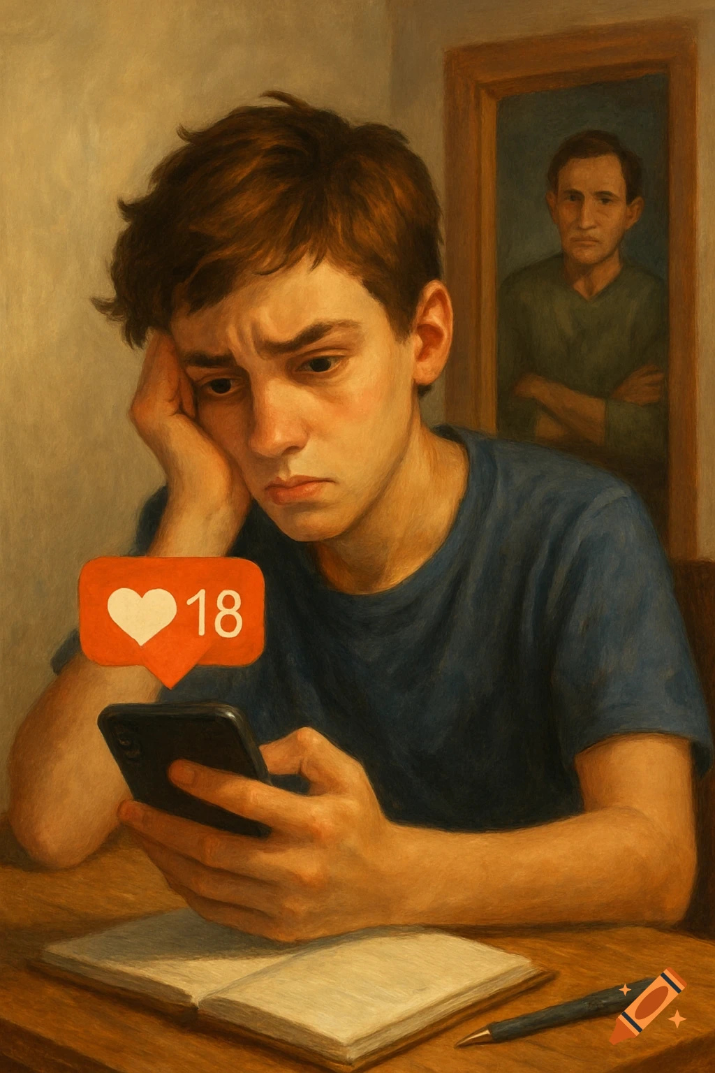 Painterly illustration of a teenager looking at a phone with an 18-like notification, parent watches from a doorway.