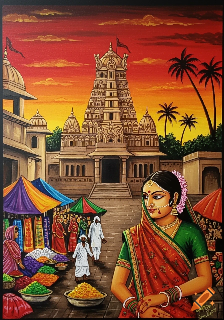 Acrylic painting of woman in Indian attire near a temple and market scene at sunset.