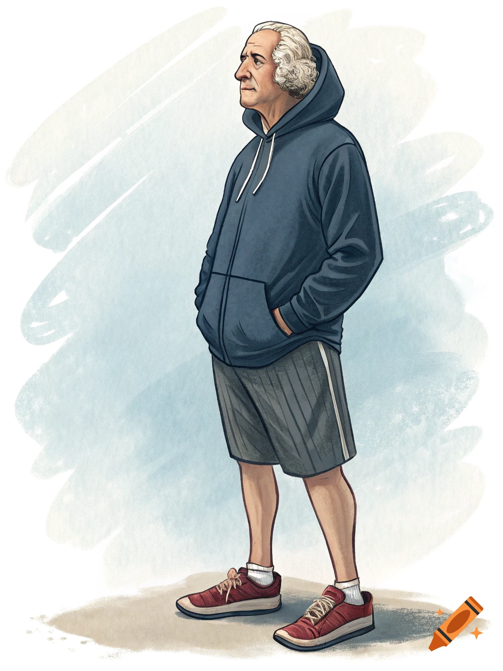 Illustration of George Washington wearing a blue hoodie, gray shorts, and red sneakers, standing with hands in pockets.