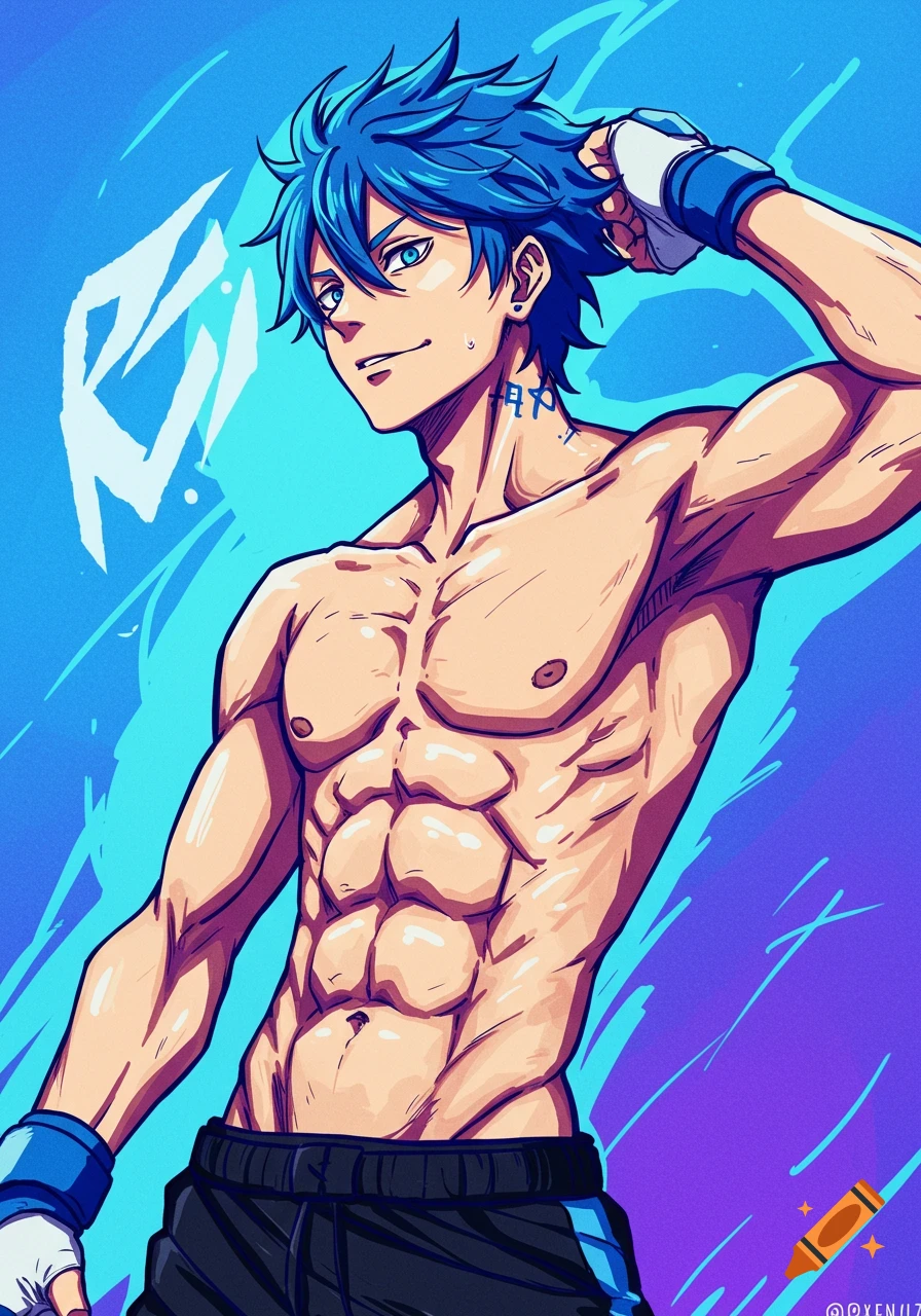 Anime drawing of a shirtless man with blue hair and abs, wearing fight gloves and shorts