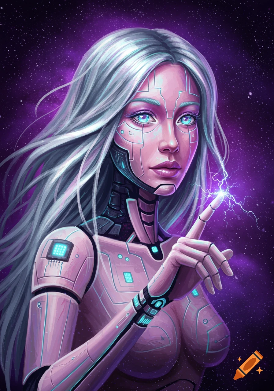A white-haired female cyborg in space with a purple glow and electricity on her finger.