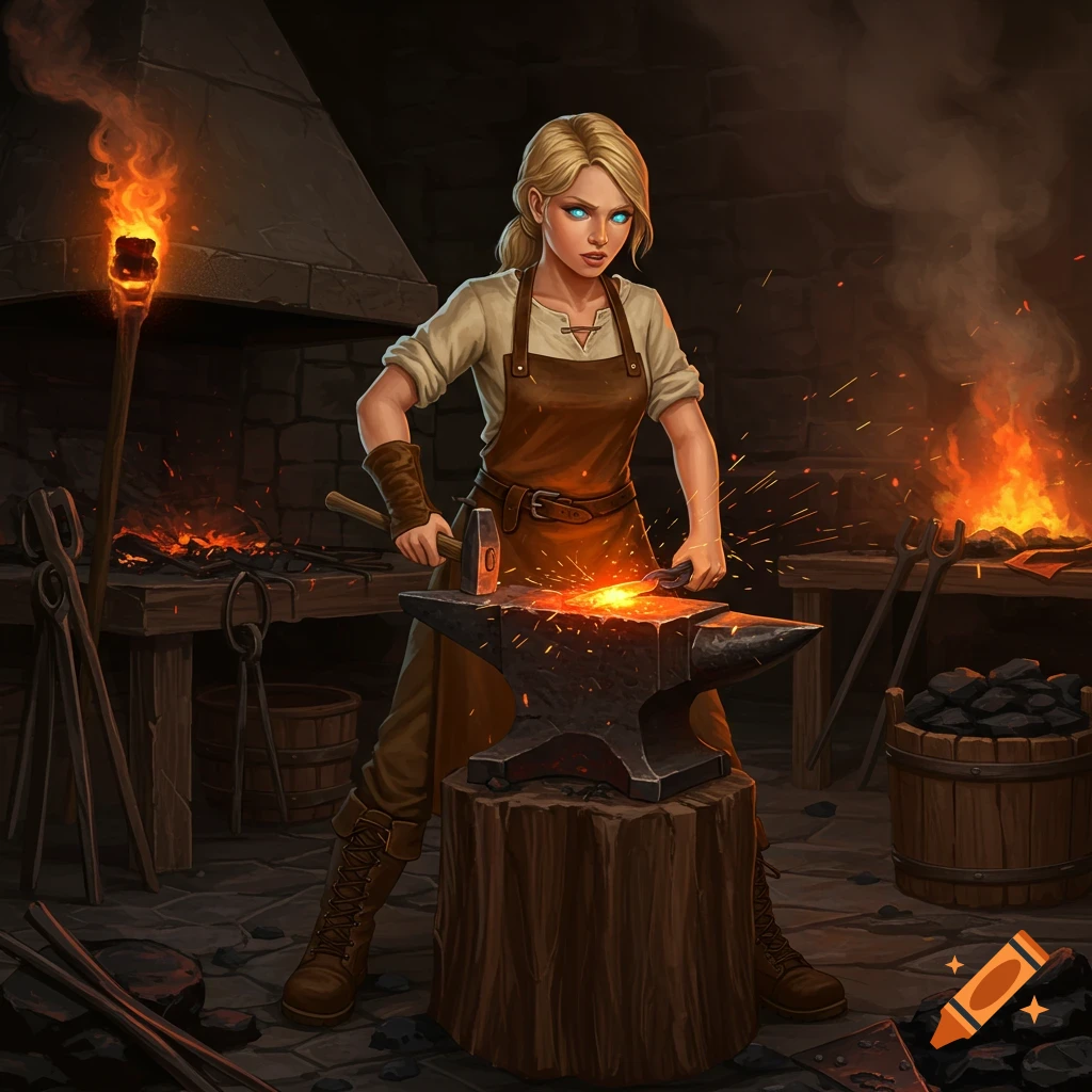 A blonde woman in a blacksmith apron hammers glowing metal on an anvil in a dark forge.
