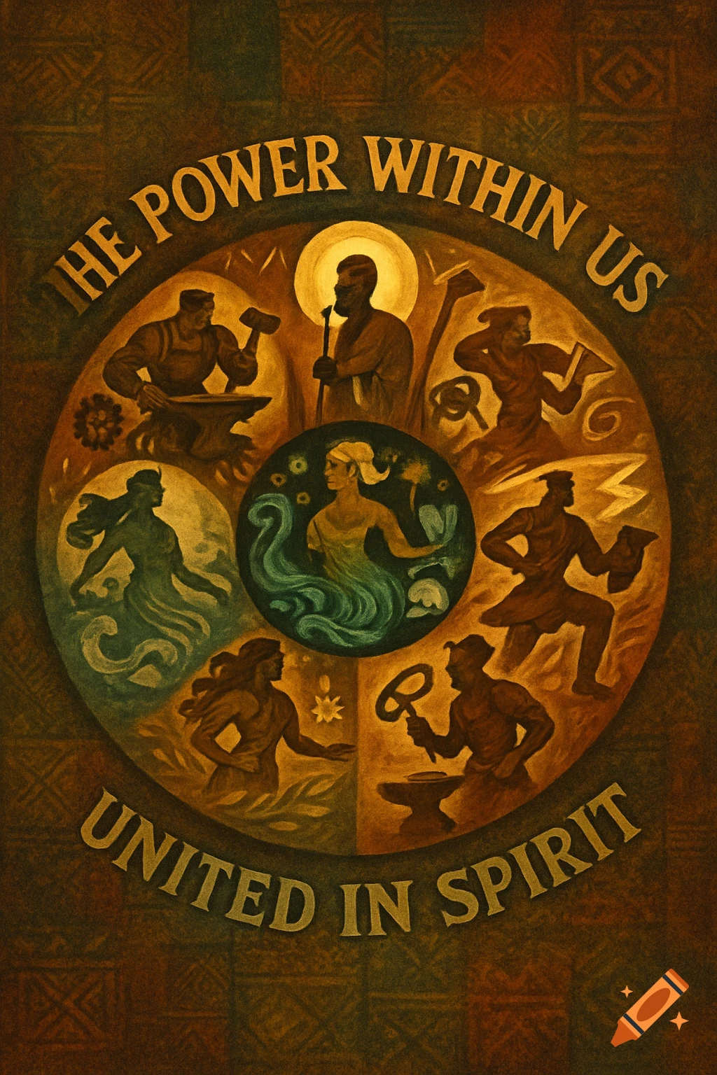 A circular graphic depicts stylized figures representing concepts around a central figure, with text 'THE POWER WITHIN US' and 'UNITED IN SPIRIT' against a textured background.