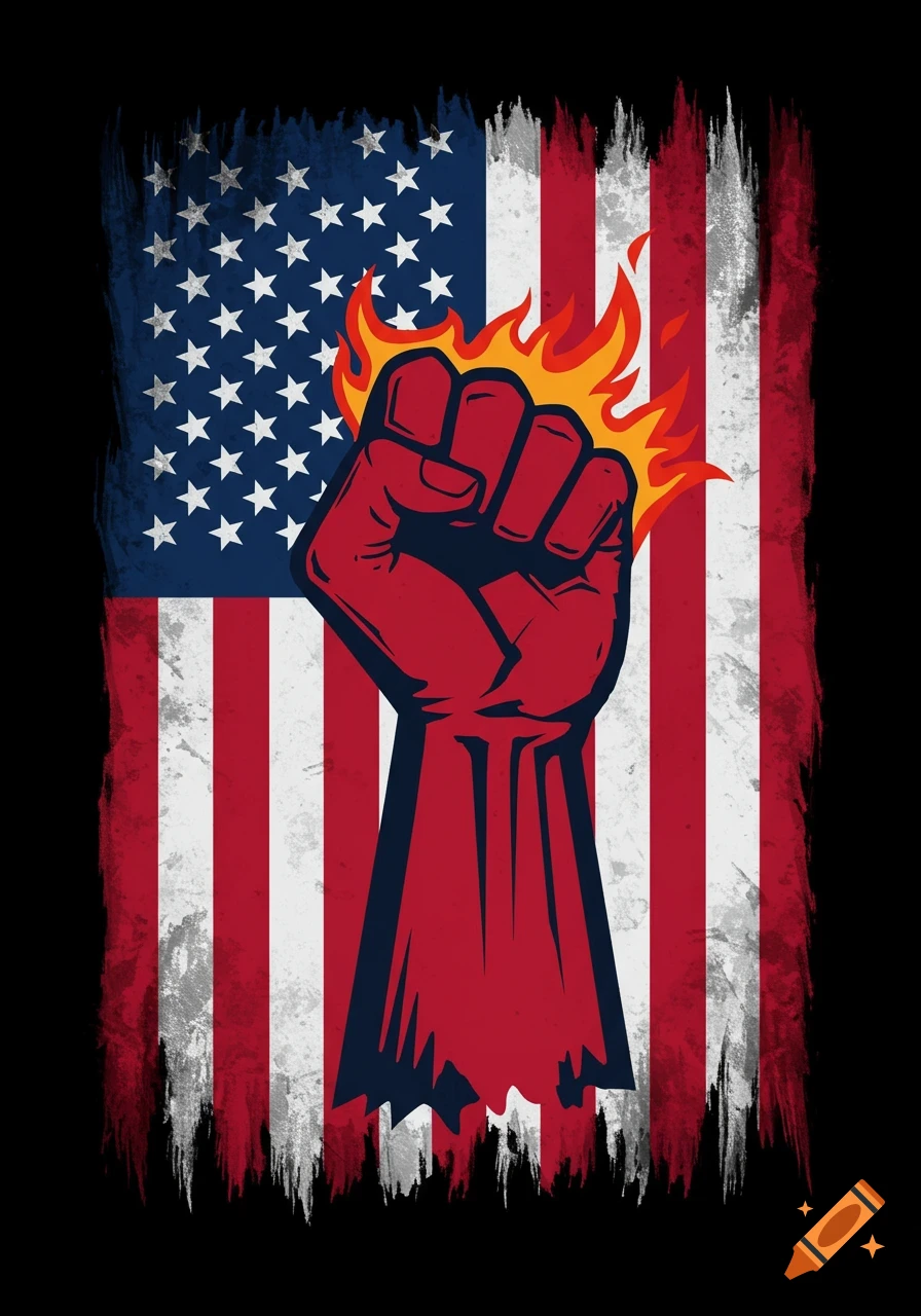 Red flaming fist over distressed American flag