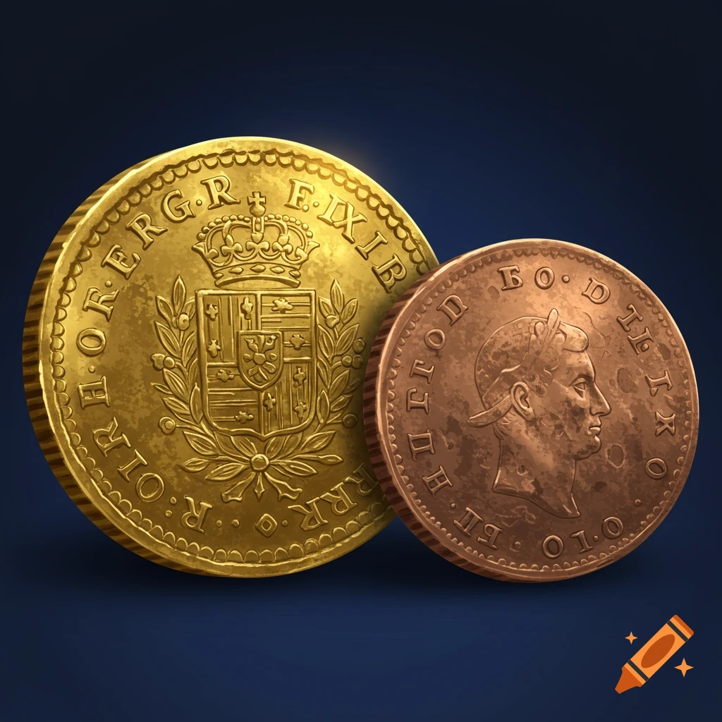 A gold coin featuring a crest next to a copper coin with a portrait, against a dark blue background.