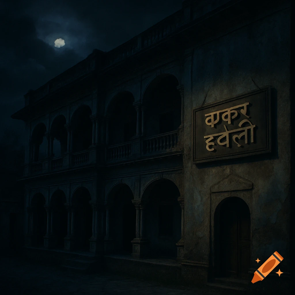 An old Indian mansion at night with a sign on the wall under a cloudy moonlit sky.