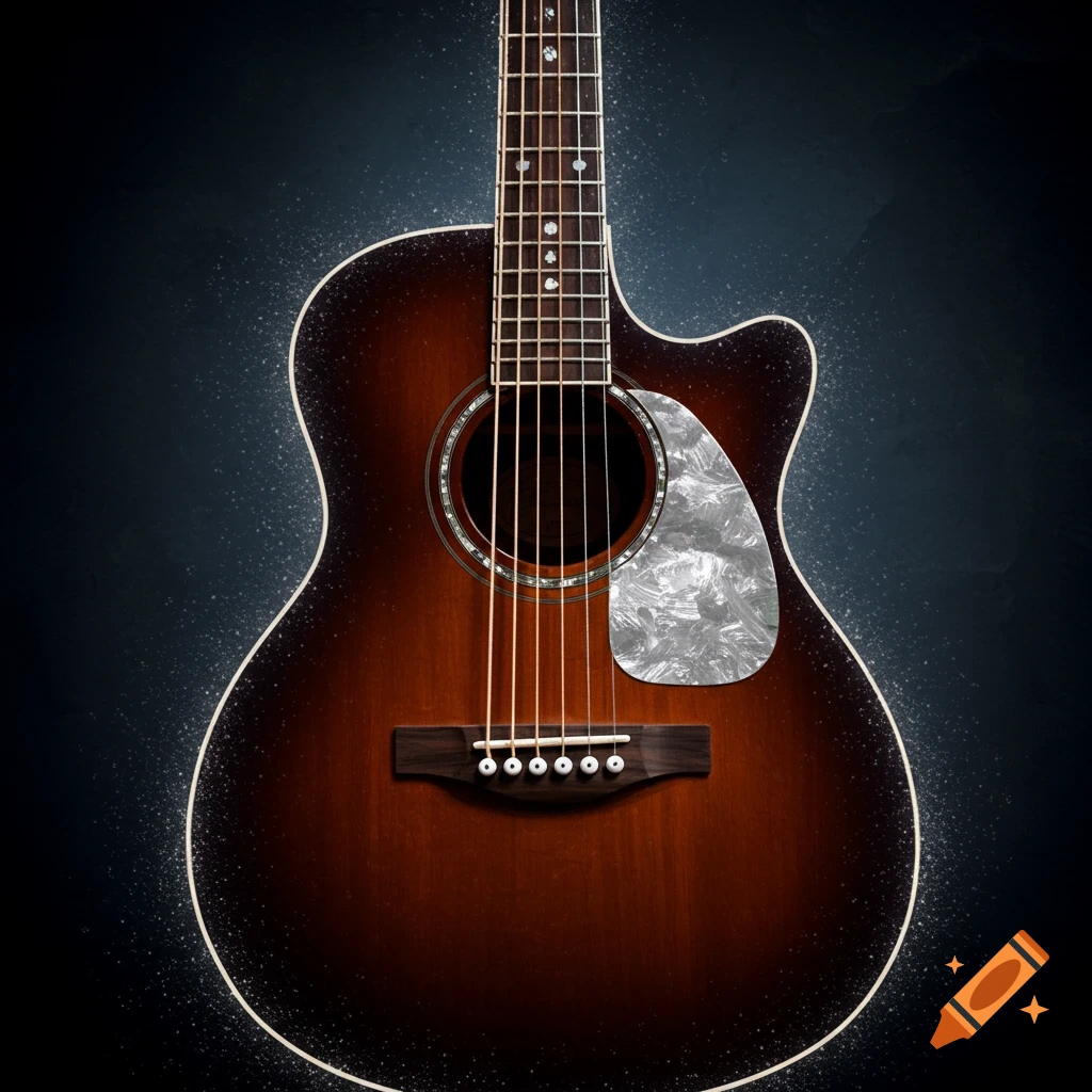 Close-up of an acoustic guitar with a brown finish and silver pickguard on a dark background.