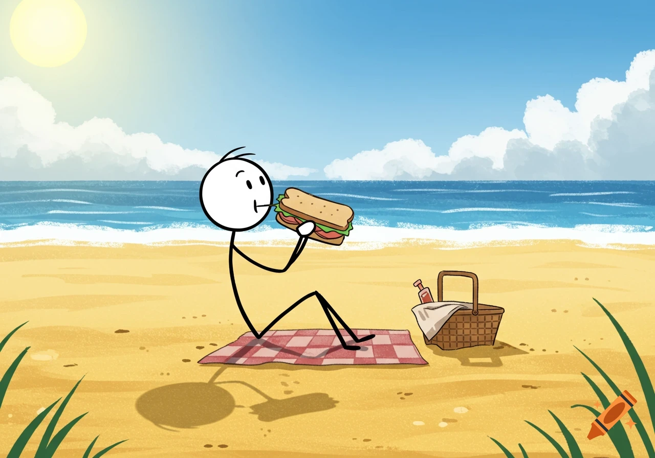 A cartoon stick figure sits on a blanket eating a large sandwich on a sunny beach next to a picnic basket.