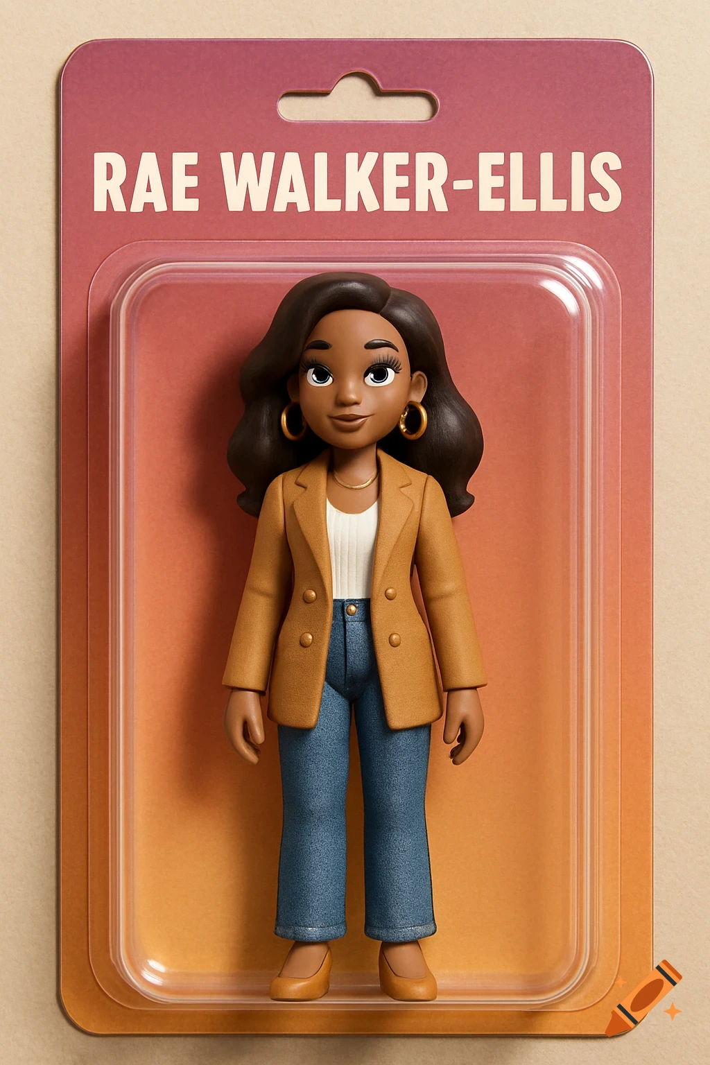 A 3D cartoon-style action figure of a young woman in a camel blazer and jeans, displayed in clear plastic blister packaging with her name on the card.