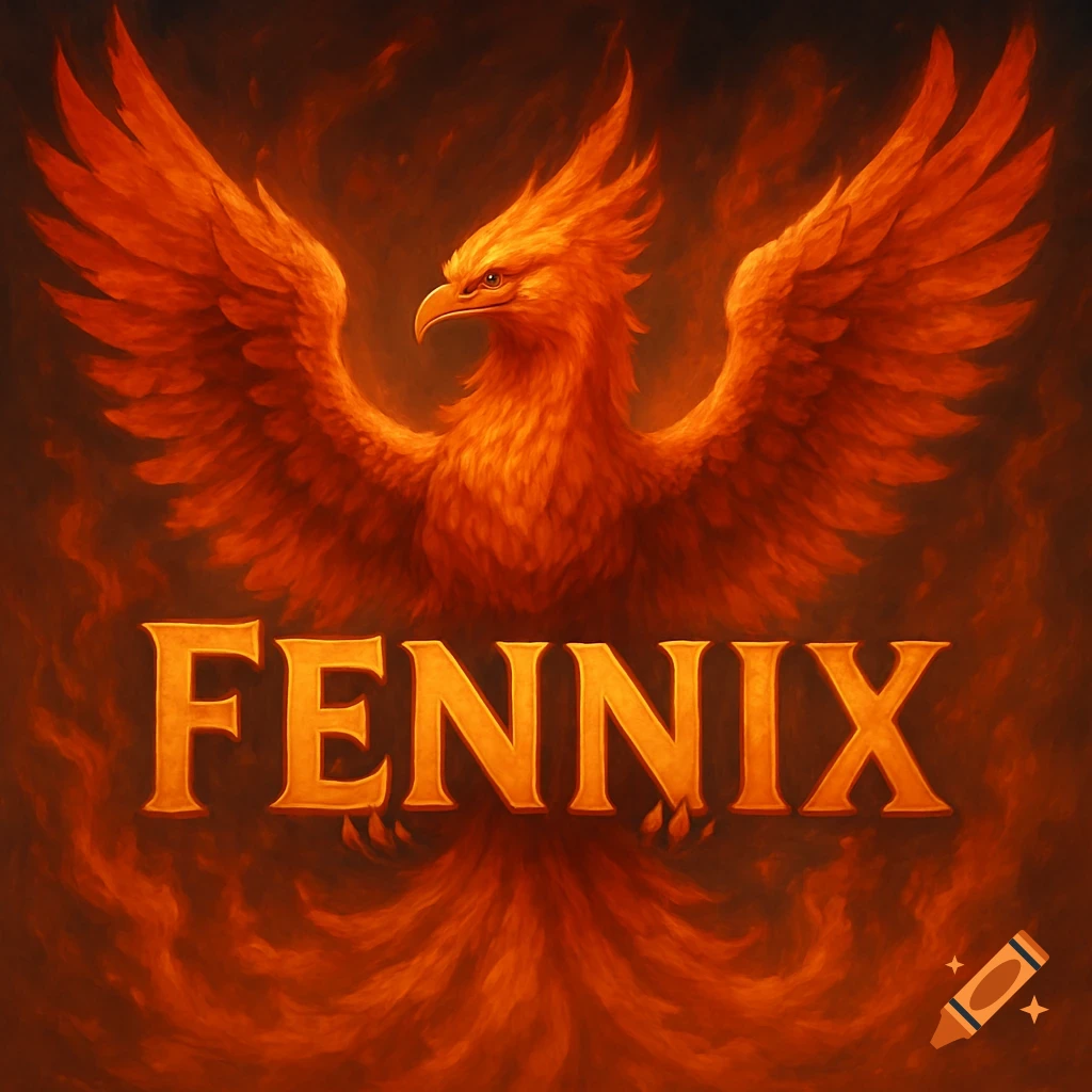 A large, fiery orange phoenix with outstretched wings stands over the word FENNIX, against a dark background with flames.