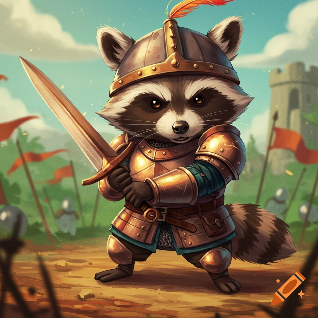 A cartoon raccoon knight in armor holding a sword on a battlefield.