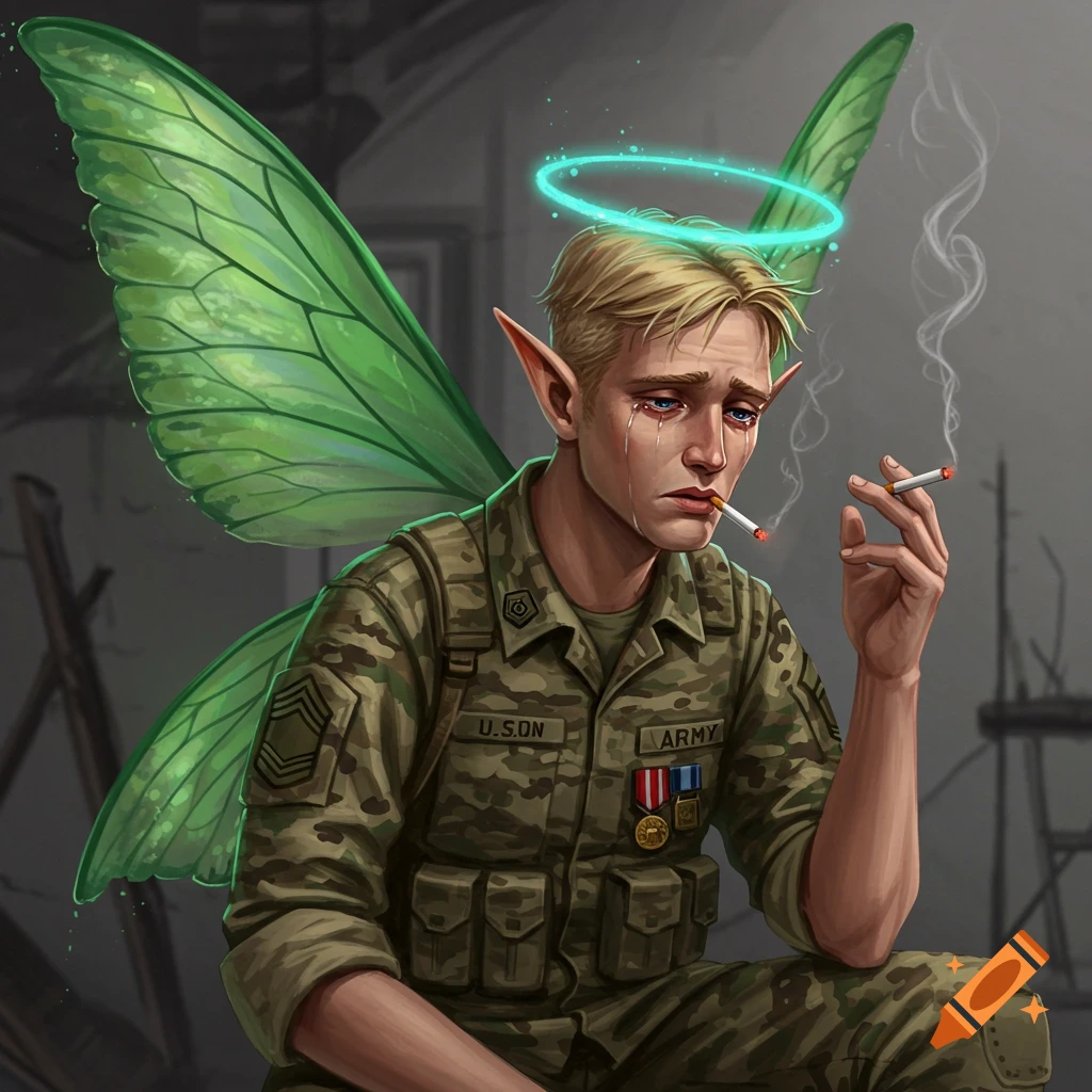 A sad male fairy in a US Army uniform cries and smokes a cigarette.