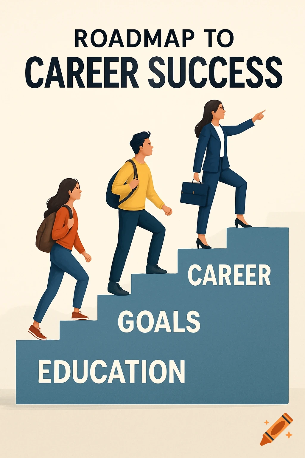 Illustration of three people climbing steps labeled 'Education', 'Goals', and 'Career' towards 'Roadmap to Career Success'.