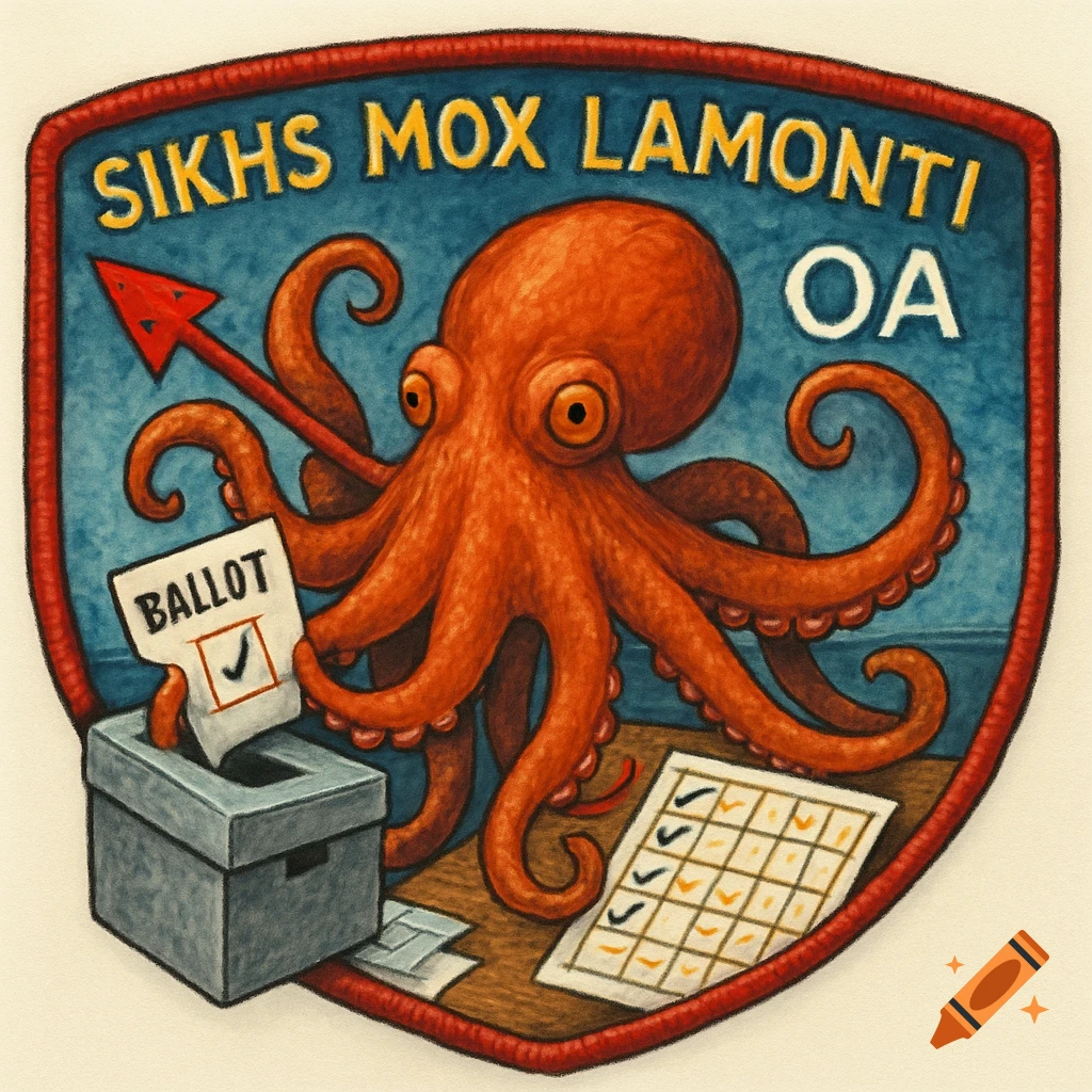 Illustration of an orange octopus dropping a ballot in a box on a patch with text.